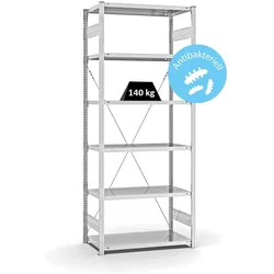 PROREGAL Antibakterielles Fachbodenregal Stecksystem T-Profil | HxBxT 250x100x50cm | 6 Ebenen | Traglast 140kg | Antibakterielle Beschichtung | Weiß