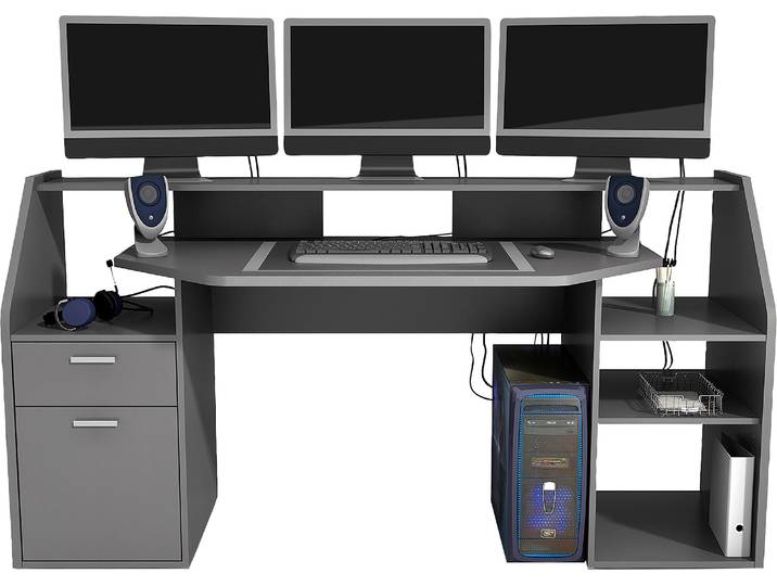 Gamingtisch FMD Zocker 1, moderner Regalschreibtisch , grau (anthrazit, anthrazit, anthrazit), B:180cm H:92,2cm T:67,5cm, Tische, Gamingtisch, Breite 180 cm, viel Stauraum, Made in Germany