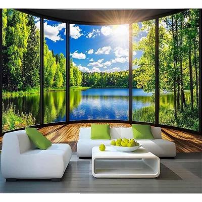 3D-Wandteppich mit Seeblick, Naturlandschaft aus dem Fenster, Waldmotiv, künstliche Fensterkulisse für Wohnzimmer, Yogaraum und Meditationsraum