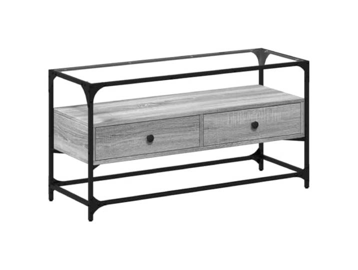 GHVBNMF TV-Schrank Grau Sonoma 98x35x51 cm Lowboard mit Glasplatte Industrieller TV-Ständer fürs Wohnzimmer mit Metallrahmen, 2 Schubladen und pflegeleichter Oberfläche.