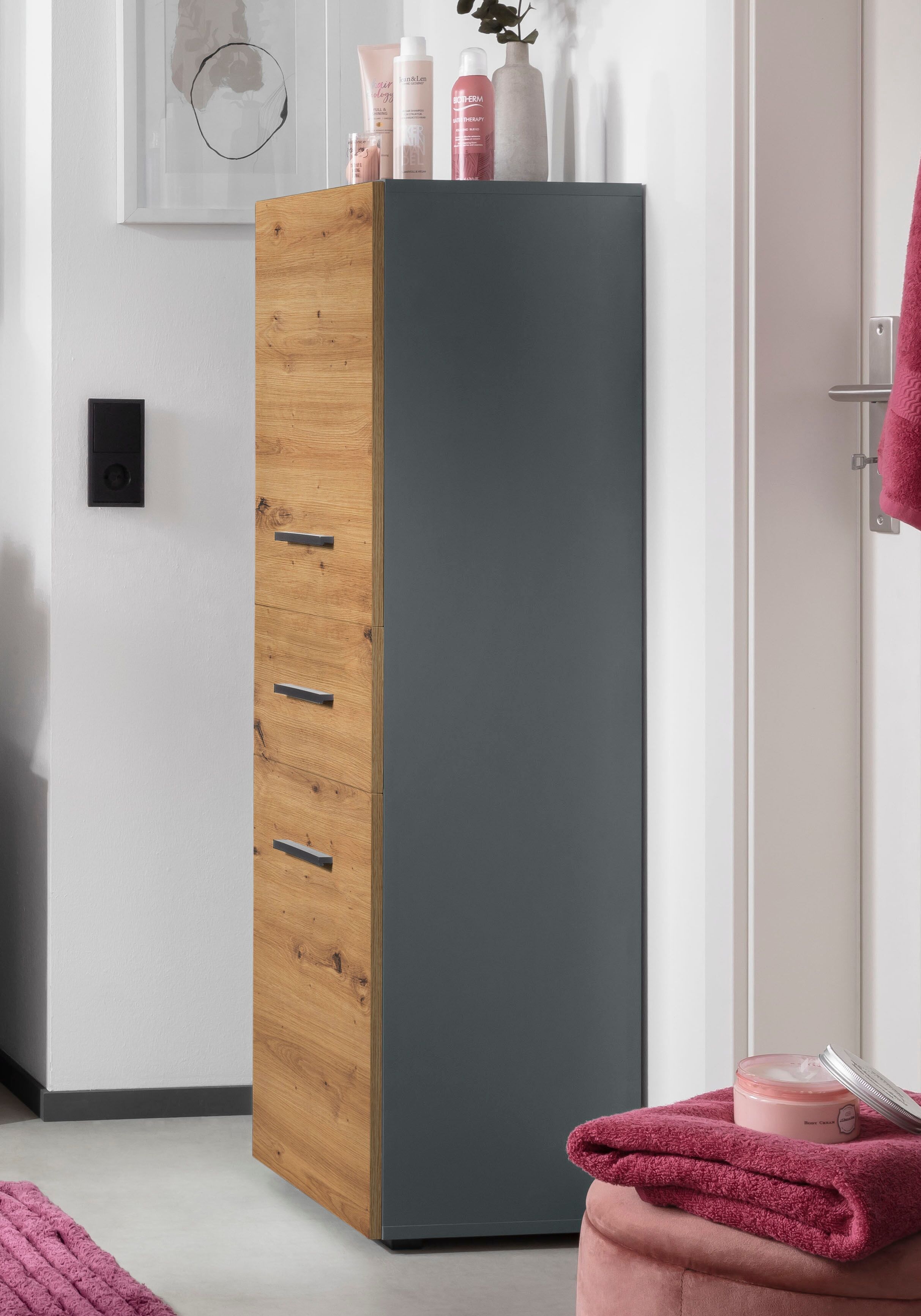 Midischrank WELLTIME "Skara", grau (anthrazit, artisan eichefarben), B:38cm H:130cm T:35cm, Holzwerkstoff, Schränke, Midischrank, verstellbarer Einlegeböden hinter jeder Tür, Breite 38 cm, Höhe 130 cm anthrazit, artisan eichefarben anthrazit/Rückwand weis