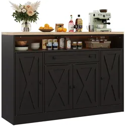 Merax LED Sideboard 140 x 35 x 95 cm, 4 Scheunentüren, Schubladen & Türablagen, Küchenschrank für Küche und Esszimmer, Schwarz