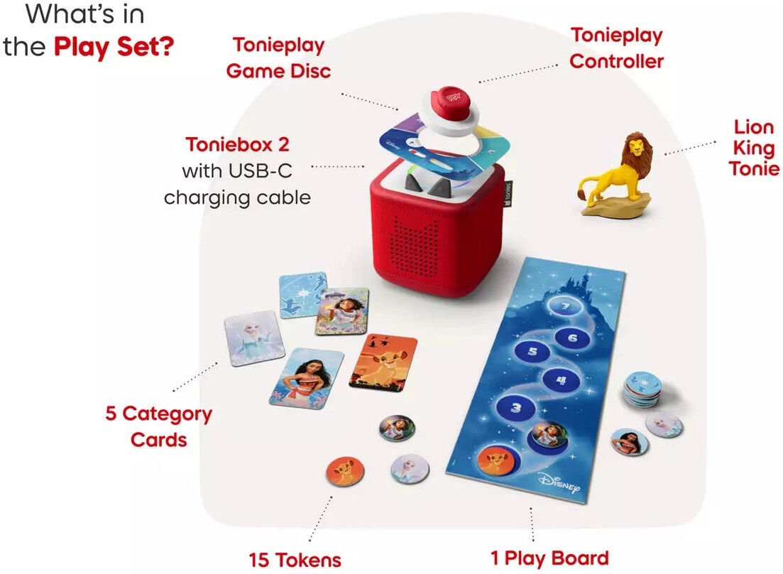 Tonies - Red Toniebox 2 Play Set with Lion King Disney The Lion King Tonie and Disney Quiz Kingdom Tonieplay Game Included