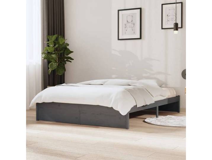 Cadre de lit en bois massif - UU - Gris - Bois de pin massif - 135x190 cm - Lattes en contreplaqué