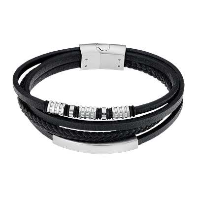 Armband LOTUS "Iron Road", schwarz, edelstahlfarben, Armbänder, Herren, 21,3cm, Edelstahl Leder, Edelstahl, Leder, Armband