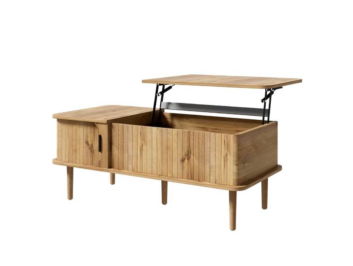 Table basse relevable effet bois, rétro, porte coulissante 100x48cm