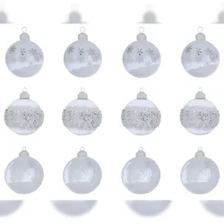 Christmas Decorations 12 Weihnachtskugeln 8cm Glas mit Motiv Christbaumkugeln klar weiß transparent