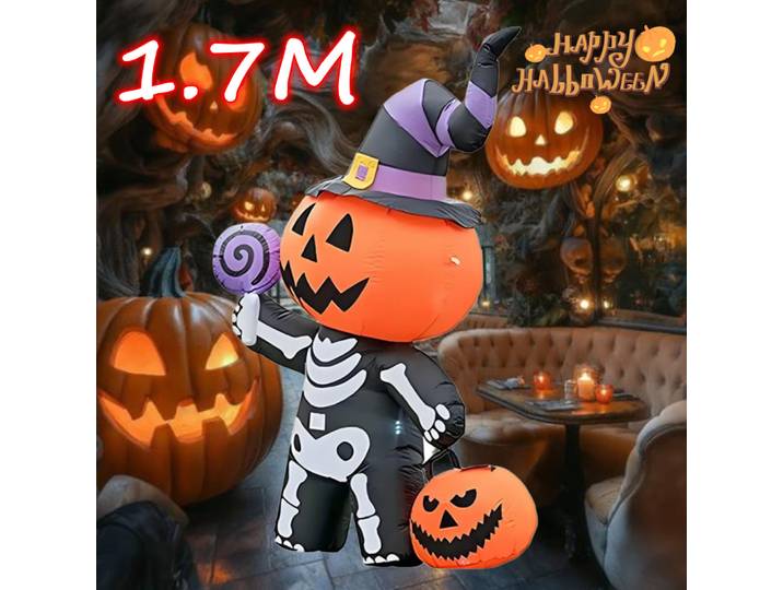 Squelette de citrouille gonflable pour Halloween, 1.7M, petit fantôme avec lumières LED, décor de cour extérieure, maison, jardin, Festival, accessoire d'horreur