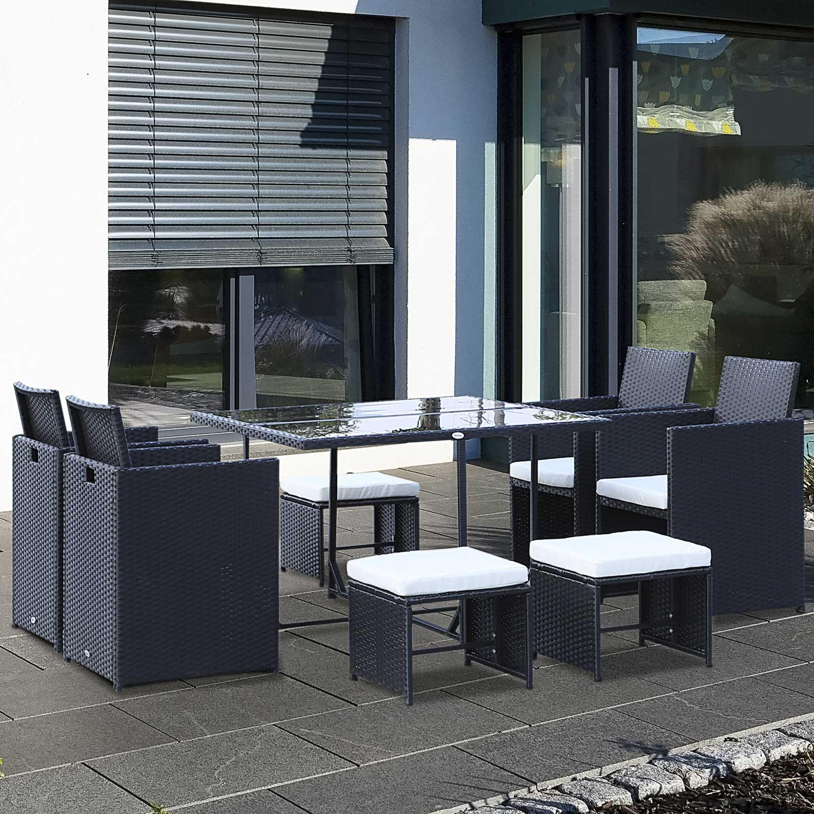 Gartenset Tisch+4 Stühle+4 Hocker, Polyrattan Sitzgruppe 8 Personen, Polyrattan Weiß Schwarz | UV-beständig | klappbare Stühle | 109x109x72 cm