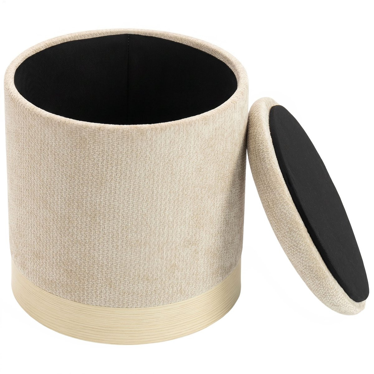 Ronde chenille opbergpoef met metalen onderstel in houtlook - Beige
