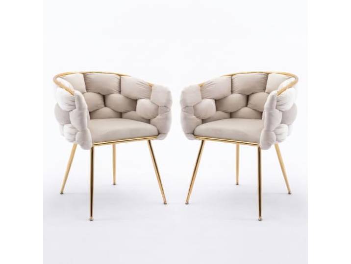 FurnitureR 2er Set Samt Esszimmerstühle Beige mit goldenen Metallbeinen Beige Samtstühle mit gepolsterter Rückenlehne und goldenen Metallbeinen für stilvollen Komfort im Essbereich