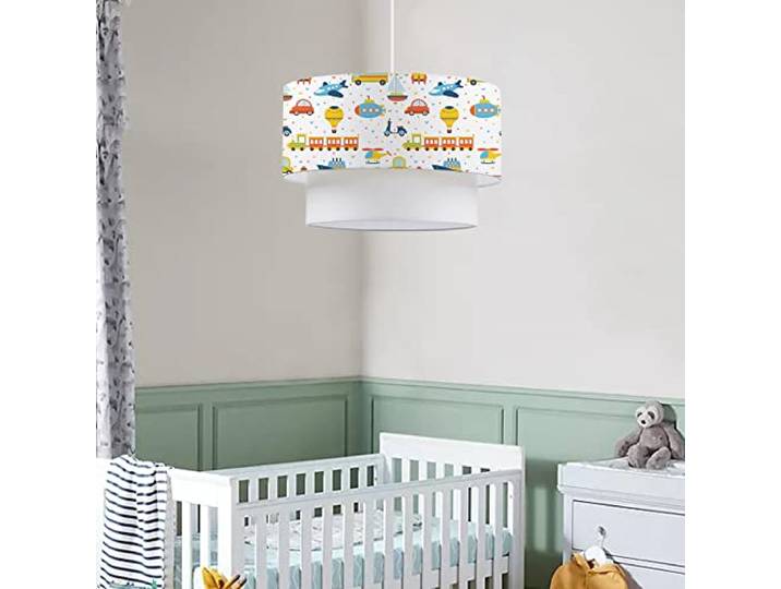 lux.pro Kinderzimmer Lampe Lurgan Deckenleuchte E27 LED-geeignet Hängelampe mit Stoffschirm doppelt Verkehrsmittel-Motiv 70 cm hoch Weiß