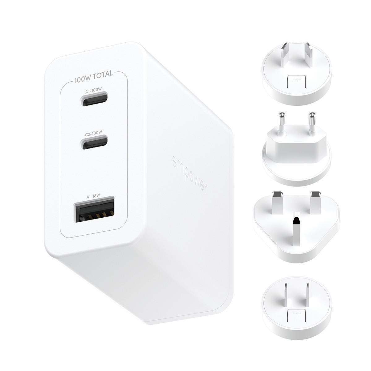 empower by PanzerGlass Turbo 100W World Travel Adaptor inkl. 2 x USB-C + USB-A Silber Weiß