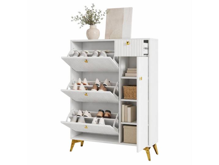 Stilvora Schuhschrank in Weiß Schuhkipper mit 3 Klappen und 1 Schublade für Eingangshalle und Flur, B90/T25/H121cm, Metall, Rechteckig,Rechteckig, konisch, 90x121x30 cm, Garderobe, Schuhaufbewahrung, Schuhkipper