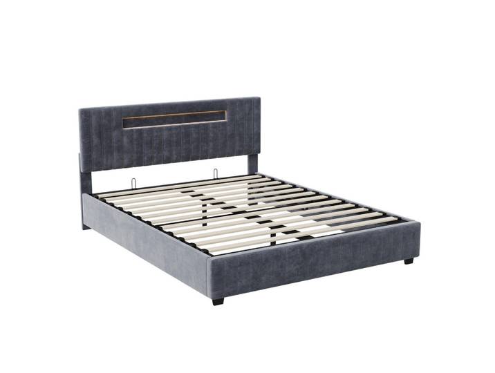 Polsterbett 160x200 cm, Grau, LED-Beleuchtung, Mode, 160x200 cm, Schlafzimmer, Betten, Polsterbetten