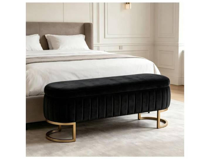 Bout de lit avec rangement 130 cm - MODENVIE - velours piqûres verticales pieds en métal doré - noir