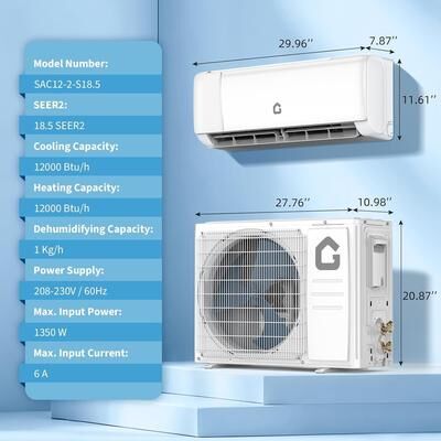 Garvee 12000 BTU Mini Split Air Conditioner, 18.5 SEER2 208-230 V Split Unit Ac and Heat Cool Up to 750 Sq.Ft, Ductless Air