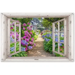 GARTENPOSTER Hortensie - Durchsichtig - Blumen - Sommer - Lila - Weg Gartendeko 90x60 cm