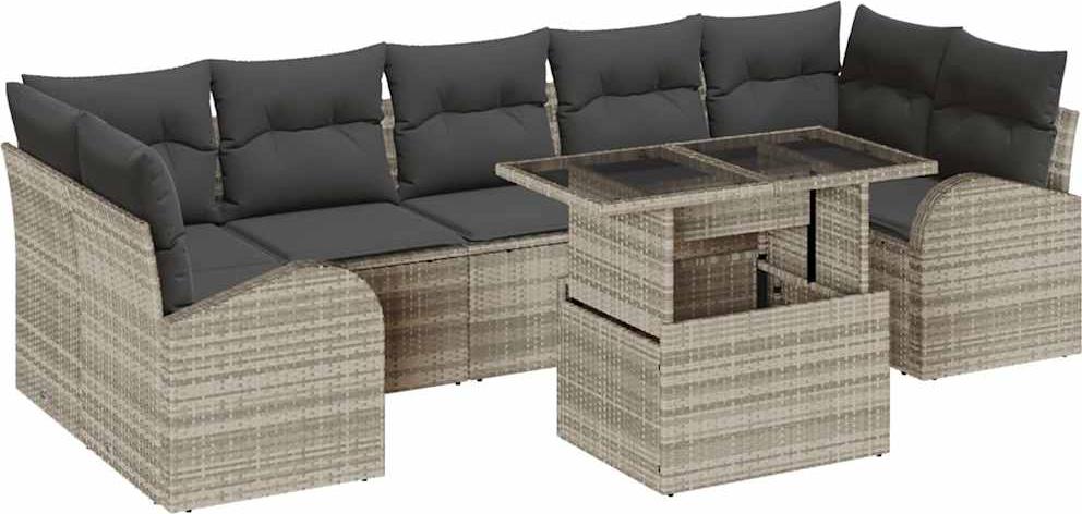 Modulares Garten-Sofa-Set, Outdoor Lounge Möbel, Poly Rattan & pulverbeschichteter Stahl, 8-teilig, 7 Sitzplätze, Hellgrau
