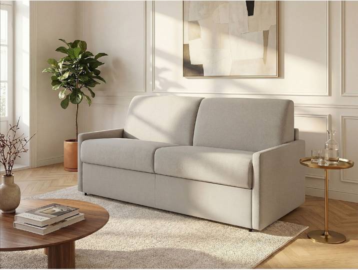 4-Sitzer-Schlafsofa Express aus beigem Stoff mit Memory-Schaum Sitzfläche - Liegefläche 160 cm - Matratze 22 cm Memory-Schaum CALIFE