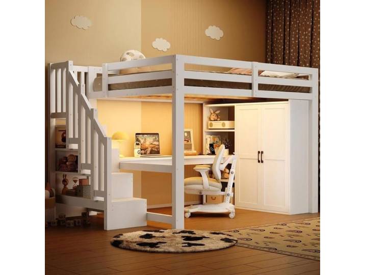 Lit mezzanine - KOMHTOM - 140x200 - Bureau intégré - Armoire & escalier rangement - LED + port USB