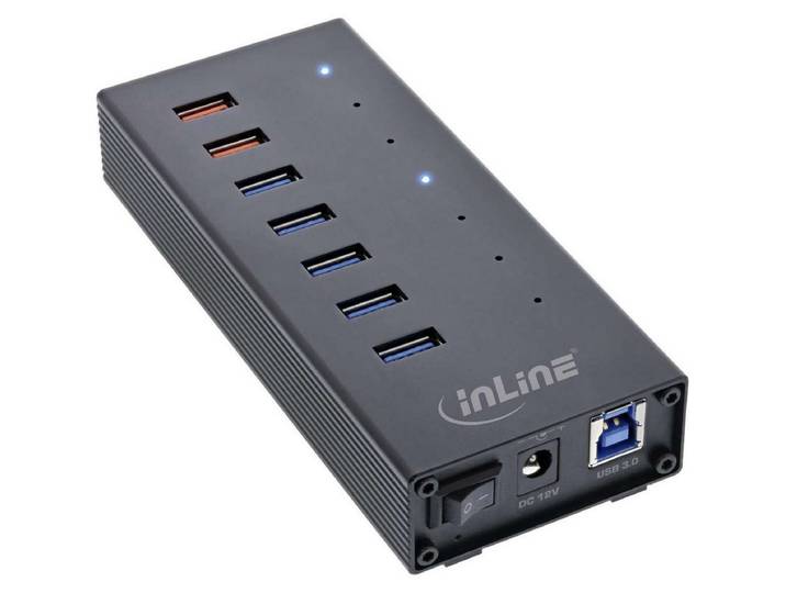 Inline Laptop-Dockingstation USB 3.0 Hub, 7 Port, Aluminiumgehäuse mit 2,5A Netzteil, schwarz