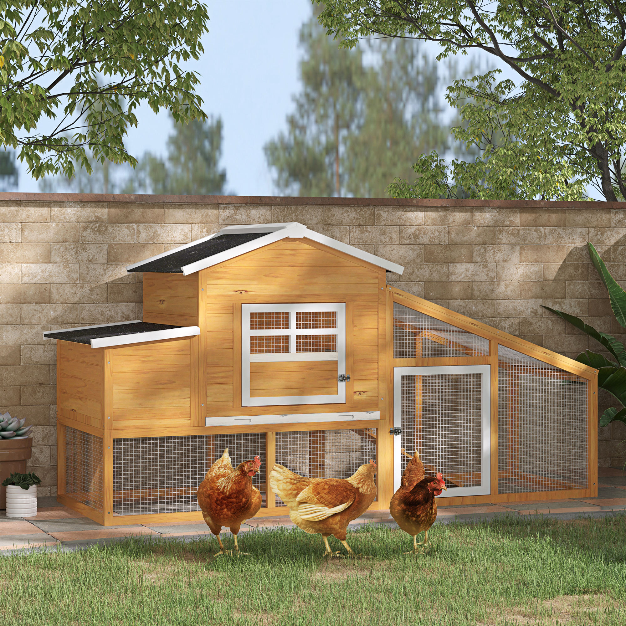 Pawhut Pollaio per Galline con Corsa Zona di Nidificazione Vassoio Estraibile da Giardino Legno 200x80x105cm Aosom