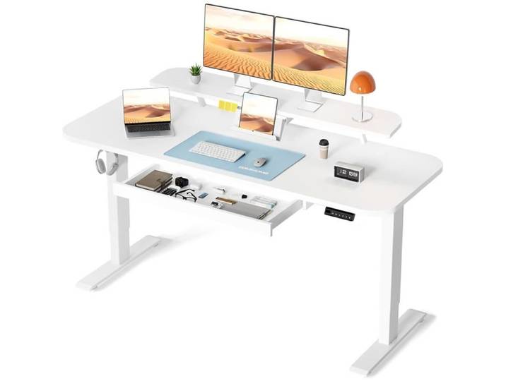 Bureau Assis Debout Électrique 120x60cm Bureau Électrique avec Rangement Support Écran Tiroir Support pour Ordinateur Portable Blanc