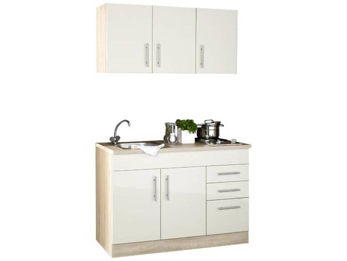 Küchenblock Single-Küche 120cm in Creme Hochglanz inkl. Kochmulde und Spüle