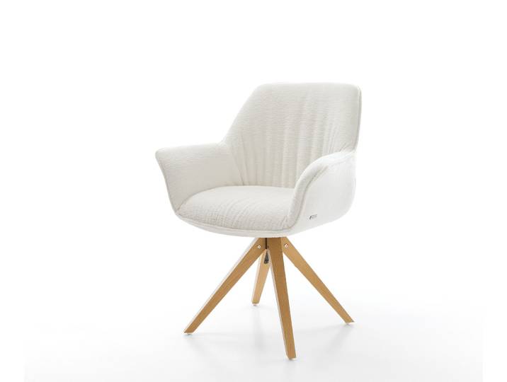 Drehstuhl Keila-Flex mit Armlehnen Bouclé Soft Beige Holzgestell kantig Natur 360° drehbar, Esszimmerstühle