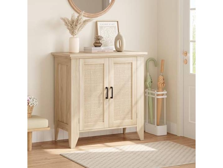 GarveeMore 80cm Rattan Sideboard Buffet Schrank, Buffet Sideboard mit Türen und Regalen, Holz Akzent Schrank, für Wohnzimmer, Esszimmer, Küche, natürliche Eiche