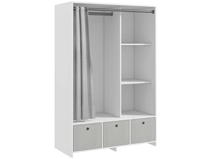 HOMCOM Kleiderschrank mit Vorhang 105x48x160cm Weiß Kleiderschrank für Schlafzimmerkleidung, Schrank mit Kleiderstange, 3 Fächer, 3 herausnehmbare Stoffschubladen