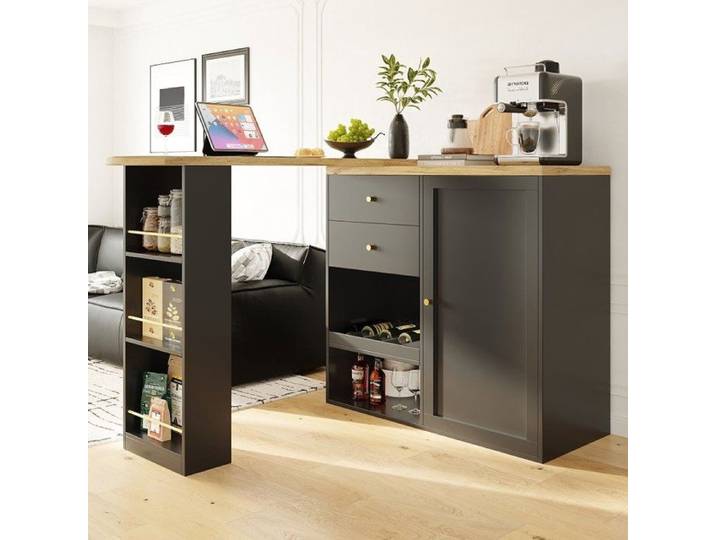 Meuble Bar Rotatif 360° avec 4 Tiroirs et Étagères Ouvertes Table de Bar Bois Noir Or 138 cm