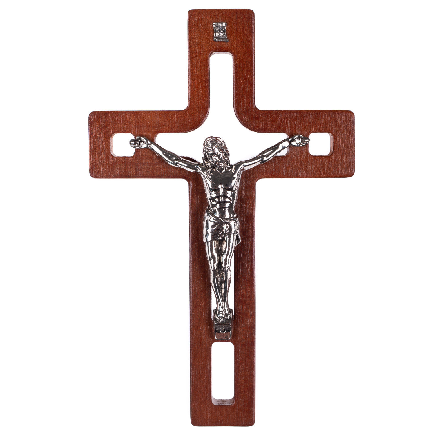 Luda Studio Modern Houten Hangend Kruis met Passiekruis Afbeelding, Bruin, B/D/H: 25 x 16 x 1,6 cm
