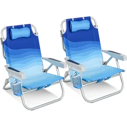HOMECALL Klappstuhl Strandstuhl Leicht 5-fach verstellbare Rückenlehne, bis 136KG, Aluminiumrahmen, eine große isolierte Kühltasche, Aufbewahrungstasche, 2 St- Blaue Welle