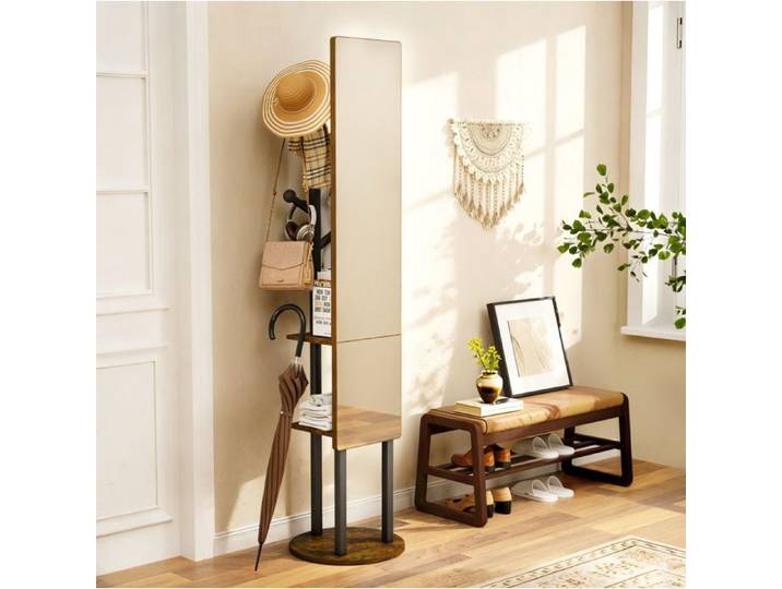 Porte-manteau d'entrée avec miroir en pied pivotant 360° rangement ouvert bois et métal noir et marron