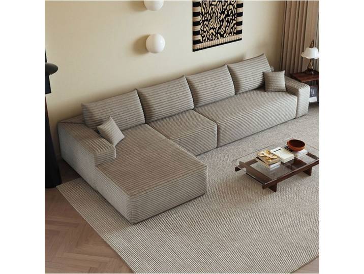Canapé d'angle modulable 4 places sans montage - ELVMI - chaise longue tissu corduroy camel