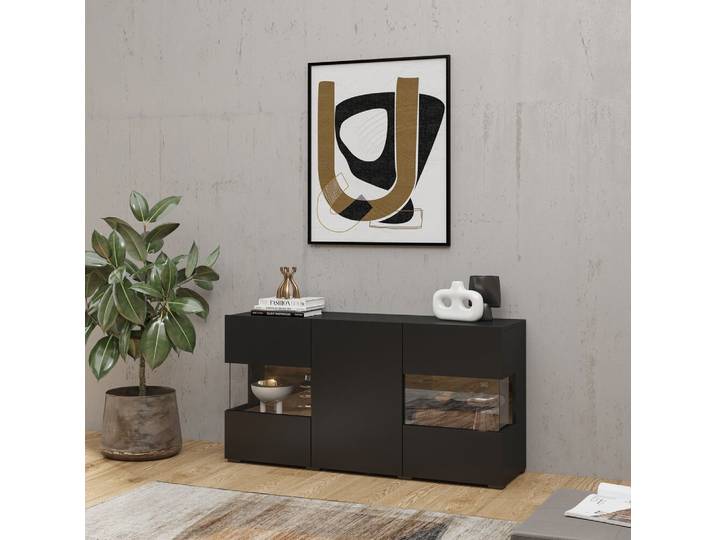 Commode vitrée à trois portes BONA – noir / wotan
