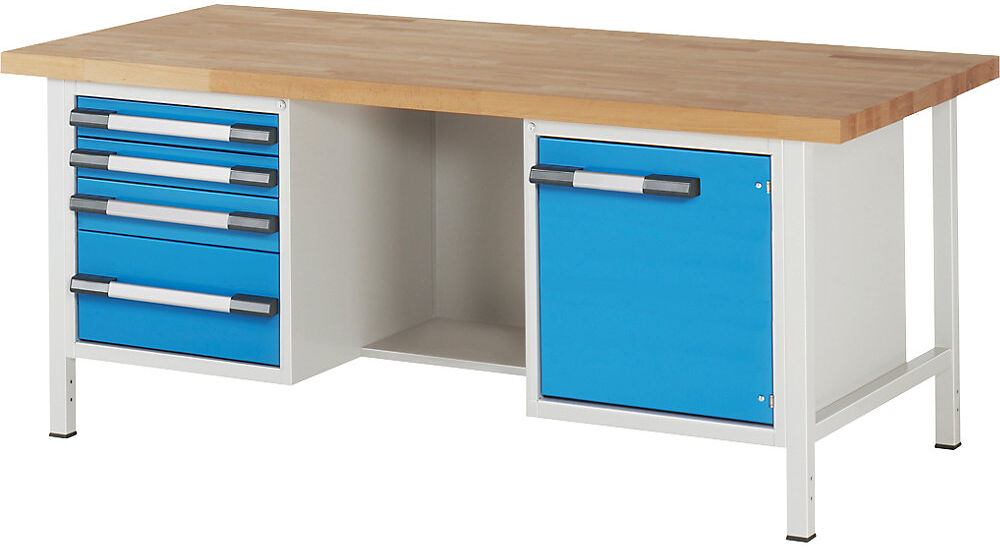 Werkbank, Gestellbauweise Serie 8000, 4 Schubladen: 2 x 90, 1 x 120, 1 x 240 mm, 1 Tür 540 mm, Mitte offen, BxT 2000 x 900 mm eurokraft pro