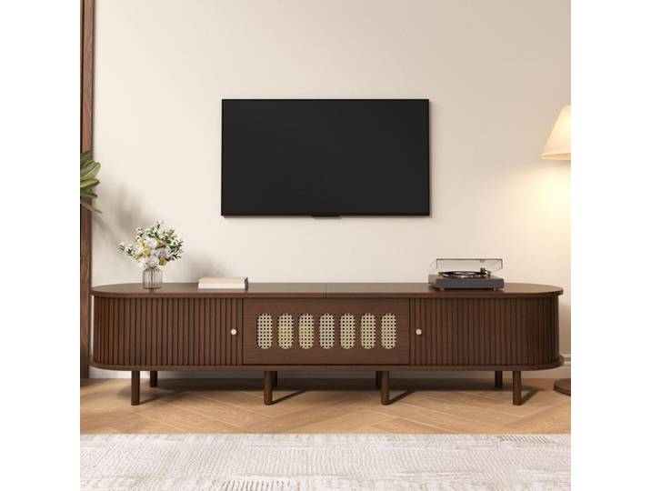 Meuble TV - KOMHTOM - Ovale Noyer - 180x40x40 cm - 2 portes tambour - Pour TV jusqu'à 80