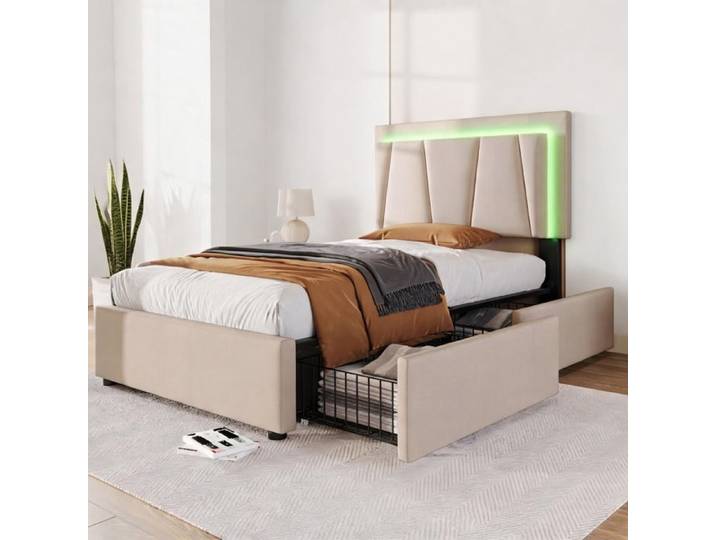 Beige-toned lit simple 90x200 cm complet avec sommier à lattes rangement et éclairage LED