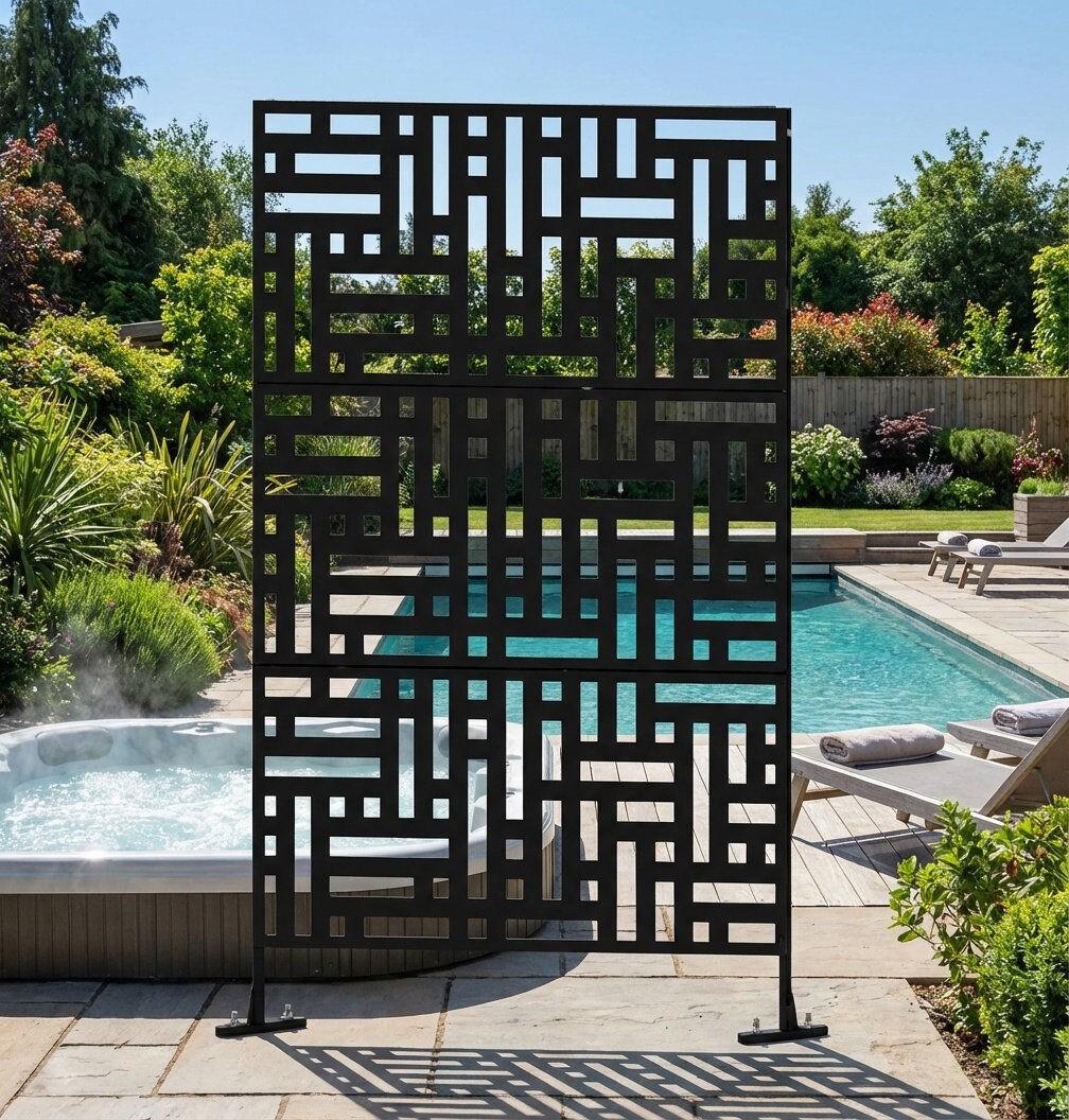 FXSGER Freestanding Metal Privacy Screen Panel – Garden & Patio Decorative Divider with Stand – 198H x 122W cm (78" x 48"), Rustproof, Waterproof, for Balcon 198cm H X 122cm W X 45cm D
