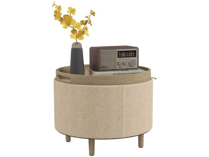 Pouf rond - HOMCOM - repose-pieds tabouret coffre rangement plateau réversible 3 en 1 - bois bouclette - Ø 35 cm - beige