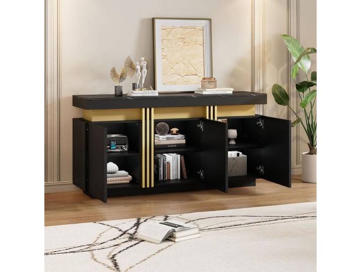 Buffet bas - KOMHTOM - Sideboard moderne - 3 portes - Plateau marbre - Noir et or