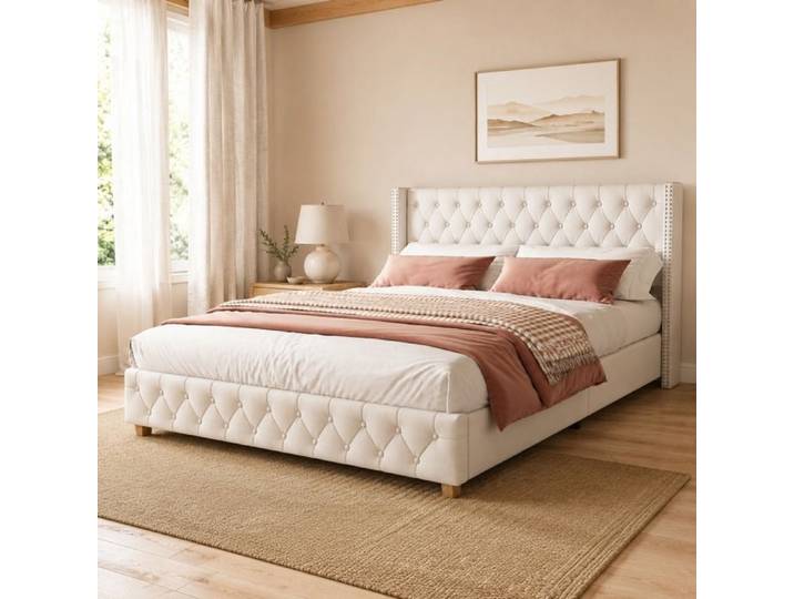 Lit capitonné rembourré FloraGrace 140x190 cm lin beige