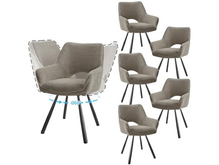 JIJIAN 6er Set 360° Drehbare Esszimmerstühle mit Armlehnen, Hellkaffeebraun Drehbar Stühle Esszimmer mit Metallbeinen, Moderner Küchenstuhl aus Cord, Polsterstuhl für Esszimmer, Küche, Wohnzimmer
