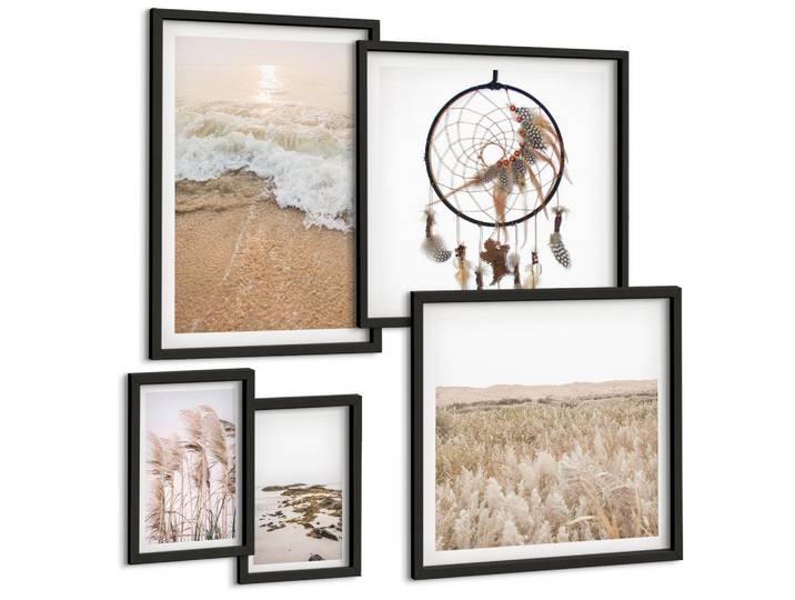 BILDER SET 5er Set - 50x50 cm & 20x30 cm & 40x60 cm Schwarzer Rahmen - Strandgras, Wellen, Steine, Boho-Stil