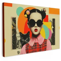 LEINWANDBILD Mädchen - Sonnenbrille - Katze - Retro Wanddeko 90x60 cm