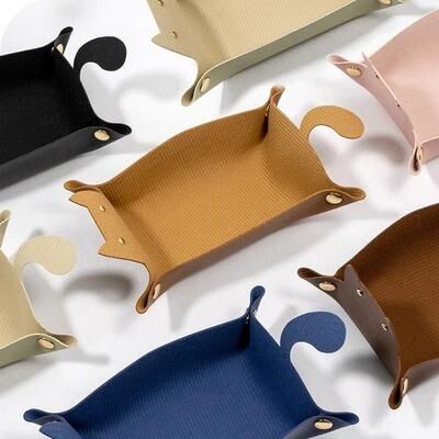 Uplifted Finds PU Leather Cat Shape Desktop Storage Tray Jewelry Organizer pink