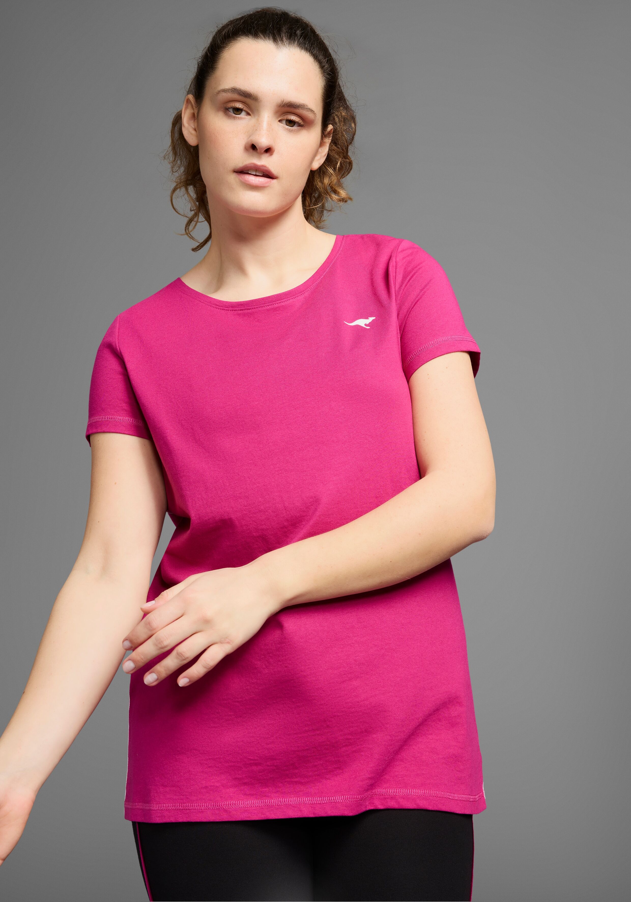 Longshirt KANGAROOS, Damen, Gr. 40/42, pink (schwwarz, fuc), Jersey, Obermaterial: 60% Baumwolle, 40% Polyester, bedruckt, unifarben, figurumspielend Po-bedeckend, Rundhals, Shirts Longshirt, Kurzarm, figurumschmeichelnde Passform, grosse Grössen schwwarz